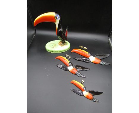 Carltonware Guinness ceramic wall toucans and figure, all have some damage/repairs