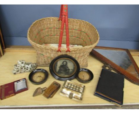 Collectors lot- vintage framed round pictures, soapstone, Ronson lighter etc etc&nbsp;