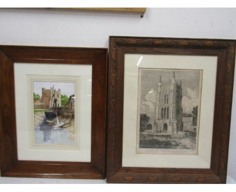 G.W Wilkinson watercolour of King Lynn South Gates in an oak frame 47x59cm and a West Walton churcu etching dedicated to Henr