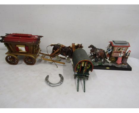 Wooden Romany living wagon, ceramic horse with living wagon and a ceramic horse and wagon