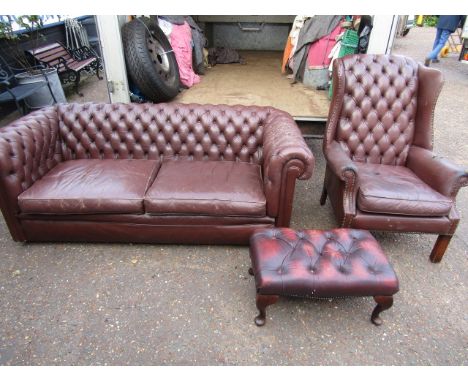 A button back sofa, chair and footstool