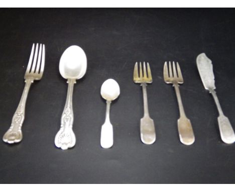 Silver fork and spoon - London 1895 by Josiah Williams &amp; Co, silver spoon - Exeter 1843 by William Pope, silver fish knif