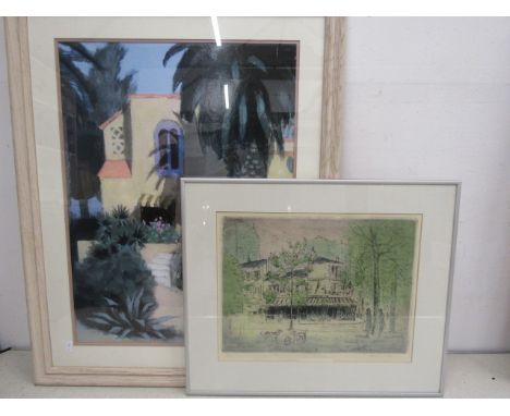 Michael Blaker numbered print Parisian caf&eacute; and a print of a European cottage&nbsp; 52x43cm/62x78cm