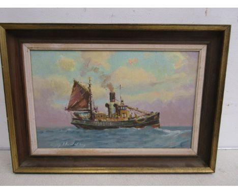 signed oil onboard of a 19/20thC Yarmouth fishing trawler 'YH105'&nbsp; along with a watercolour seascape 48x33cm/35x28cm
