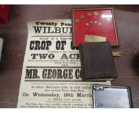 A Hunt button display with inscription, An Ely auction poster, Victorian photo album, table lighter&nbsp;
