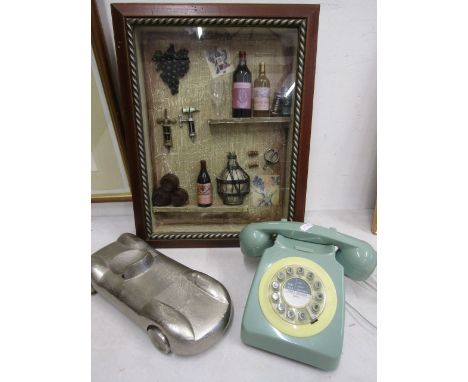 Metal car, vintage phone and a box framed wine picture&nbsp;