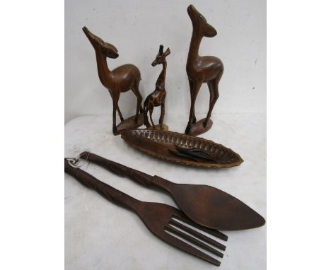 Treen animals, dish, large fork and spoon&nbsp;