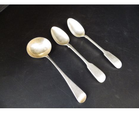 Silver hallmarked George III sauce ladle - London 1796 by IB, and two spoons, one London 1842 by Chawner &amp; Co with inscri