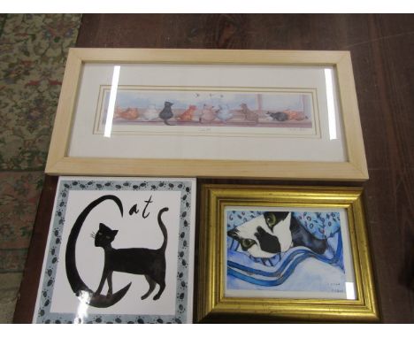 Ltd edition 'Cat's' print signed and numbered, A cat ceramic tile and S.Williams watercolour of a cat 46x22cm/20x20cm/24x18cm