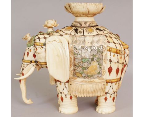 A FINE QUALITY LARGE SIGNED JAPANESE MEIJI PERIOD SHIBAYAMA & IVORY MODEL OF AN CAPARISONED ELEPHANT, the saddle cloths finel