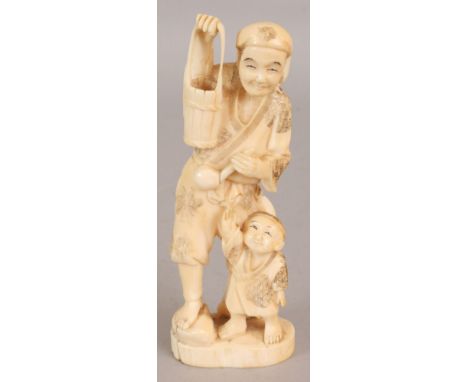 A SIGNED JAPANESE MEIJI PERIOD IVORY OKIMONO OF AN ARTISAN, in the company of a boy and bearing a ladle, the base with an eng