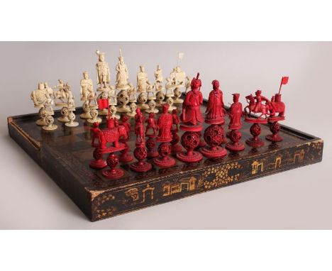 A 19TH CENTURY CHINESE CANTON IVORY KING GEORGE & QUEEN CHARLOTTE SECTIONAL PART CHESS SET, lacking one red pawn, each piece 