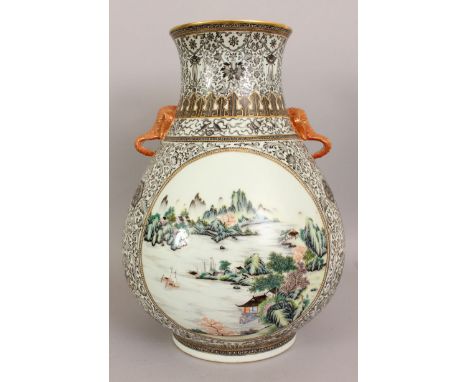 AN UNUSUAL LARGE CHINESE FAMILLE ROSE PORCELAIN HU VASE, decorated with circular river landscape panels reserved on a grisail