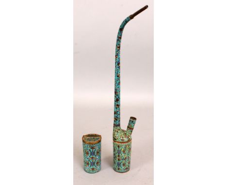 A 19TH CENTURY CHINESE CLOISONNE SECTIONAL OPIUM PIPE & CANISTER, each piece decorated with Shou symbols, bats and cloud scro