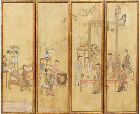 A GOOD 19TH CENTURY CHINESE FOUR FOLD PAINTED PAPER SCREEN, each fold in a gilt wood bamboo-form frame, the screen painted wi