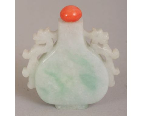 A GOOD QUALITY CHINESE WHITE JADE & APPLE GREEN SNUFF BOTTLE & CORAL STOPPER ,with double pierced dragon handles, 1.9in wide 
