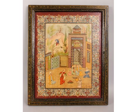 A 20TH CENTURY FRAMED PERSIAN LACQUERED WOOD PANEL, depicting a dancer entertaining seated figures in a house terrace setting
