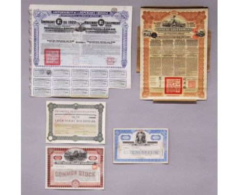 A GROUP OF FIVE PRINTED SHARE CERTIFICATES, including Chinese Railway and a Gold Loan certificates. (5)
