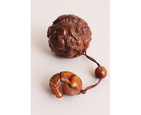 A JAPANESE ONE CASE WOOD ANIMAL ZODIAC INRO, together with a wood netsuke in the form of a horse and with a spherical wood oj