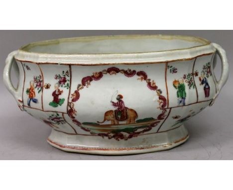 A CHINESE QIANLONG/JIAQING INDIAN MARKET FAMILLE ROSE PORCELAIN TUREEN, circa 1800, the moulded sides painted in predominantl