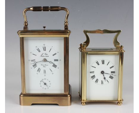 A 20th century lacquered brass carriage alarm clock by L'Epée with eight day movement striking hours and half hours and repea