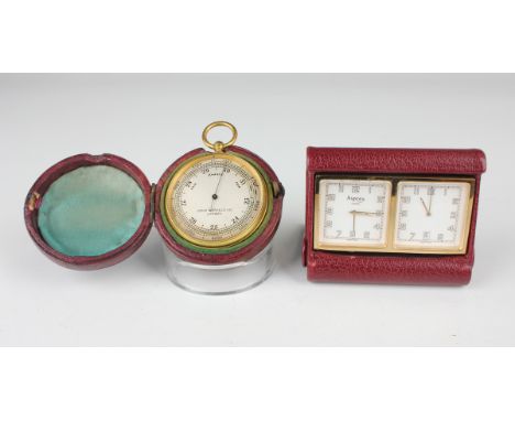 A John Wardale &amp; Co London gilt metal cased pocket barometer, the signed silvered dial with Arabic numerals, with leather