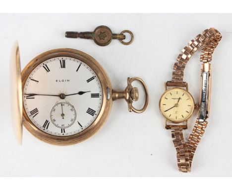 An Elgin gilt metal hunting cased keyless wind gentleman's pocket watch with signed jewelled movement, the signed enamel dial