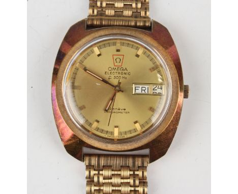 An Omega Electronic F300Hz chronometer gilt metal fronted and steel backed gentleman's wristwatch, circa 1973, with signed mo