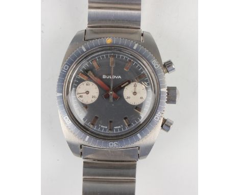 A Bulova stainless steel gentleman's chronograph bracelet wristwatch, the signed grey dial with silvered baton hour markers, 