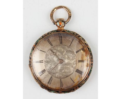 A Swiss 18ct gold and enamel cased keyless wind open-faced lady's pocket watch, first half 19th century, with unsigned gilt m