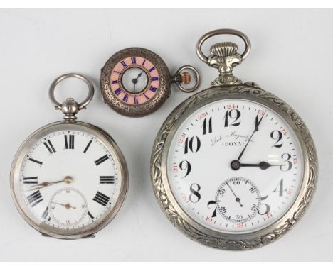 A Doxa nickel cased keyless wind open-faced Goliath pocket watch with signed jewelled movement, the signed enamelled dial wit