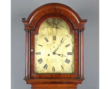 A 19th century oak and mahogany crossbanded longcase clock with eight day movement striking on a bell, the 13-inch brass brea