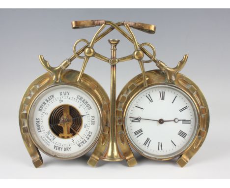 A late 19th century French brass hunting themed novelty combination desk timepiece and barometer, each white enamelled circul