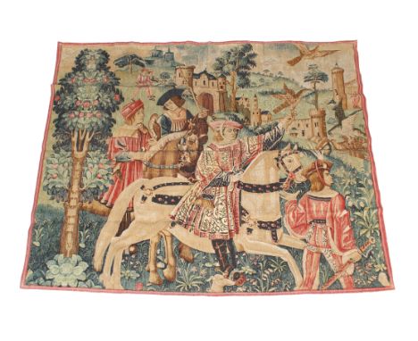 A vintage printed tapestry. Depicting a medieval scene of figures preparing for a hunt, a castle in the background, unmarked,