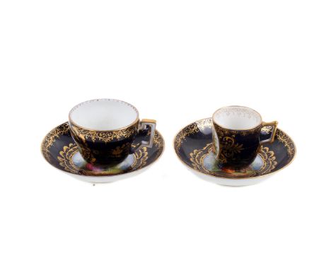 Four pieces of 19th century porcelain. Comprising two Meissen saucers, both hand painted with scenes of a courting couple to 