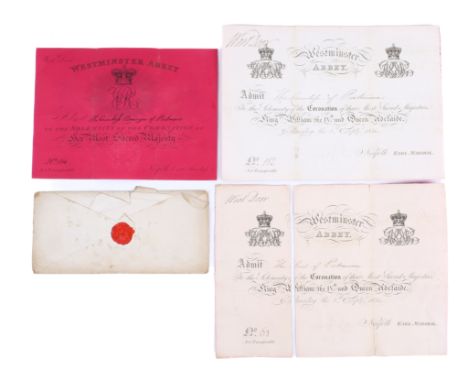 A pair of invitations to the Coronation of King William IV and Queen Adelaide at Westminster Abbey on the 8th September 1831.