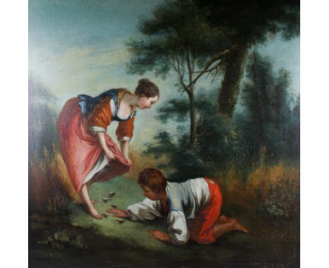 A 19th century French oil on canvas, young children playing with birds. In the style of Francois Colin (1798-1864), unsigned,
