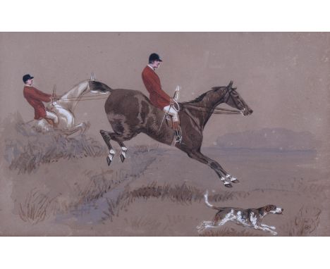 A 20th century mixed media painting 'On the Hunt'. Mostly painted in watercolour with pen and ink, 20cm x 32.5cm, framed and 