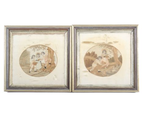 A pair of Georgian silkwork embroideries. One depicting three children playing, the other of two children with a dog, all the