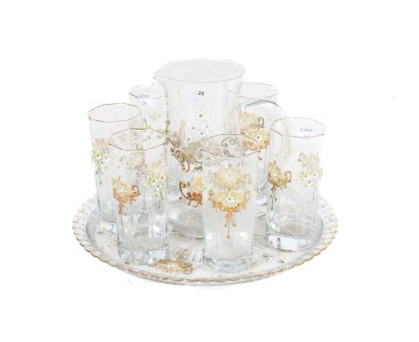 A late 19th/early 20th century Bohemian glass lemonade set. Comprising a jug, six octagonal glasses and a circular tray with 