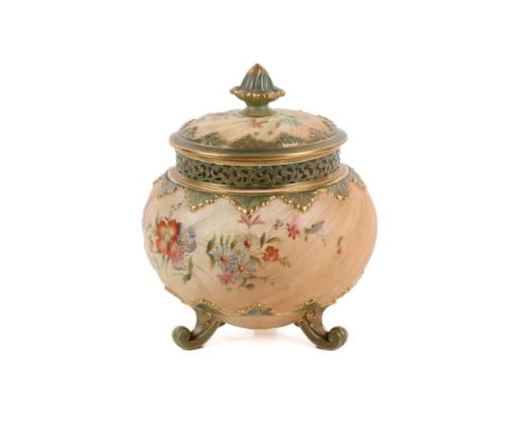 A Royal Worcester blush ivory potpourri with lid and cover. Shape No. 292, date code for 1906, the wrythen body hand painted 