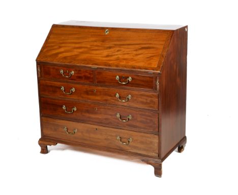 A Georgian mahogany inlaid five drawers bureau. Having a  fall front, fitted interior, three long and two short drawers, on o