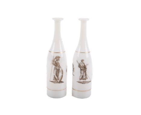 A pair of 19th century George Bacchus and Sons vitrified opaque white glass pedestal bottle vases. Having transfer-printed en