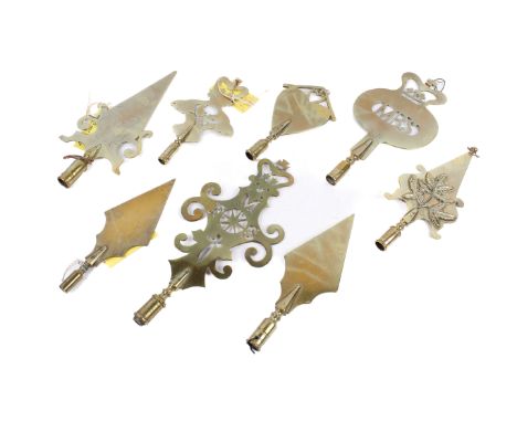 Six vintage Friendly Society brass pole heads staff finials. Of various sizes and designs, some having pierced and engraved d