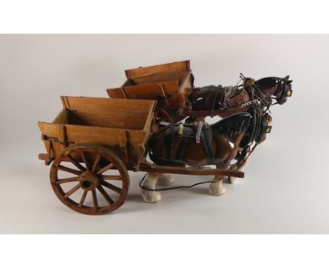 A Sylvac and Melba Ware Shire horse in working harness with wooden  cart (2) 