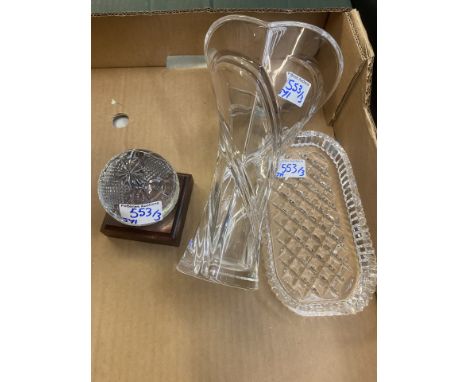Three Waterford Crystal items to include world globe paperweight on stand, small tray and a vase (3) 