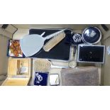 A collection of costume jewellery together with brushes, mirror, lidded trinket boxed, etc (1 tray)