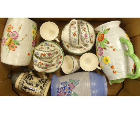 A mixed collection of items to include large water jug, vase, Spode Chinese Rose cups and saucers, etc (1 tray) 