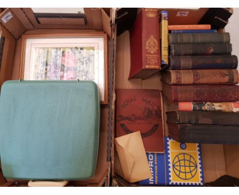 A mixed collection of items to include vintage books, partial filled stamp albums, two floral prints and a plastic cased manu
