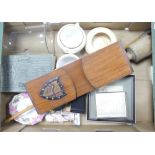 A mixed collection of items to include cookery book, glass dome, Wedgwood milk jug and sugar bowl,